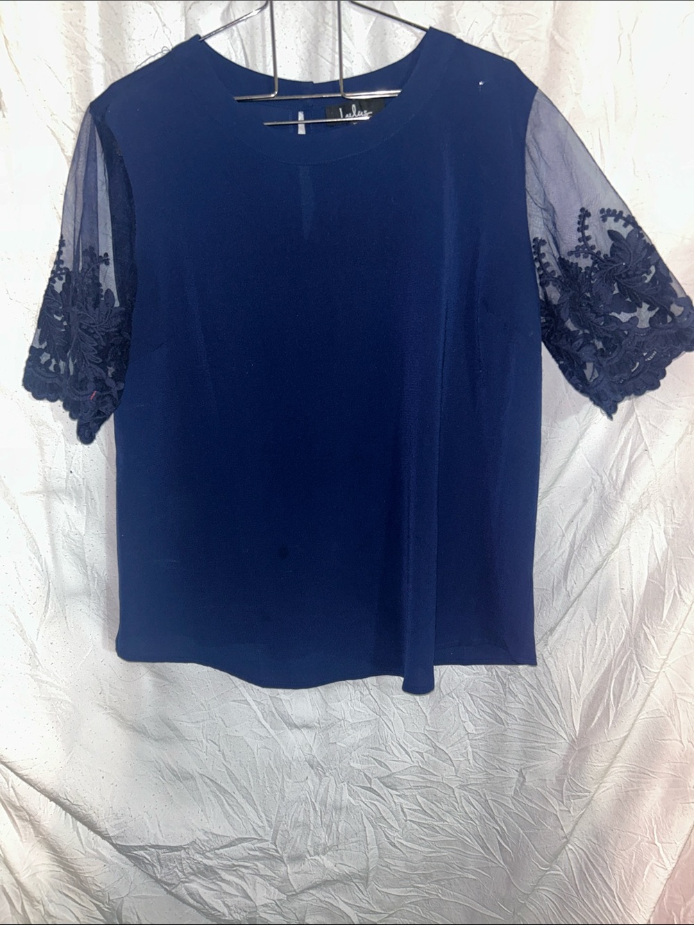 Lulus Navy Short-Sleeve Top with Embroidered Sheer Sleeves size XL